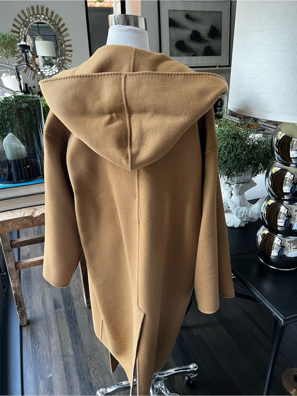 La Ligne Camel and Dark Navy  Striped Hooded Belted Wrap Coat Reversible  size S - Picture 9 of 11